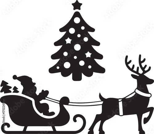 Santa claus sleigh ride with reindeer and decorated christmas tree festive silhouette