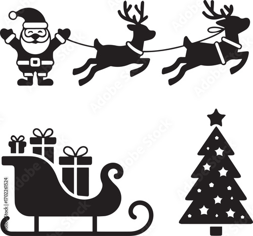 Santa claus rides reindeer sleigh with christmas tree festive silhouette icons holiday celebration