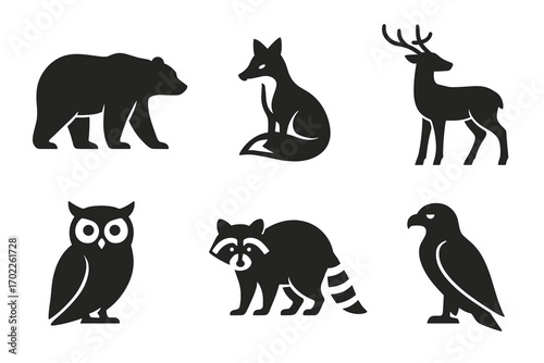 Silhouette icons of bear, fox, deer, owl, raccoon, and eagle