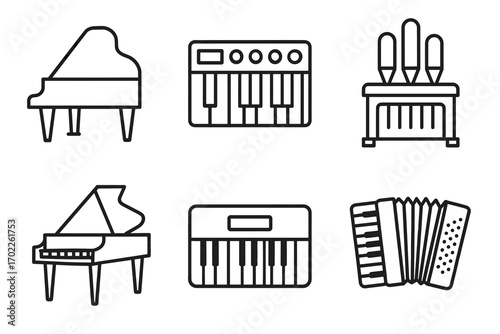 Icon set of musical instruments including piano, keyboard, accordion