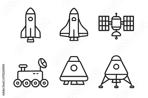 Space exploration icons: rockets, satellite, rover, capsule, lander