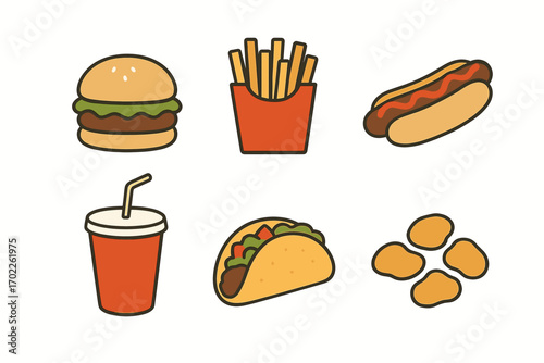 Cartoon fast food icons: burger, fries, hotdog, drink, taco, nuggets