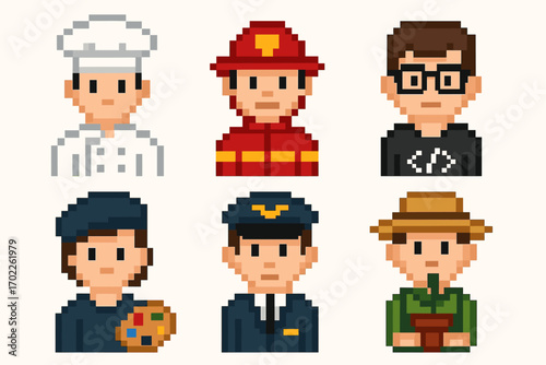 Pixel art professions: chef, firefighter, coder, artist, pilot, farmer