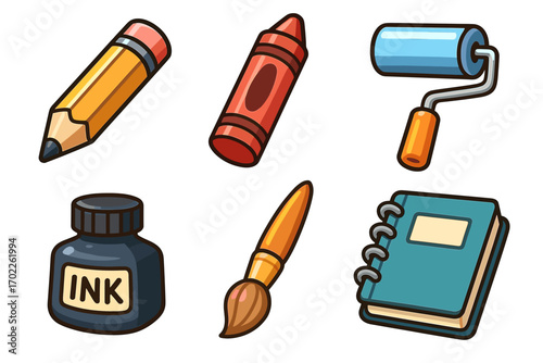 Colorful art tools: pencil, crayon, paintbrush, ink, roller, sketchbook