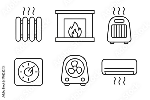 Line icons of home heating devices: radiator, fireplace, heater, thermostat, fan, air conditioner