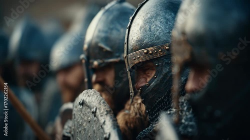 Close-up of medieval knights in worn metal armor and shields, cinematic style, with blurred background, concept of historical warfare