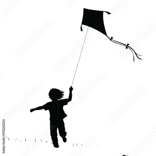 Silhouette of a child flying a kite isolated on transparent background