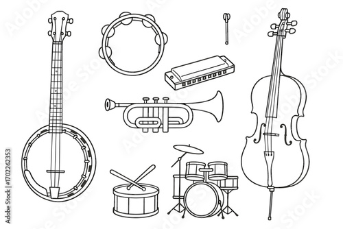 Outline illustrations of various musical instruments