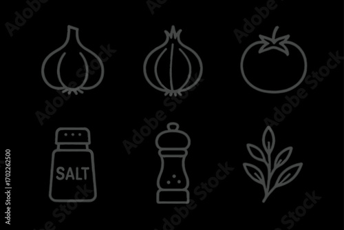 Black and white icons of garlic, onion, tomato, salt, pepper, and herb silhouettes