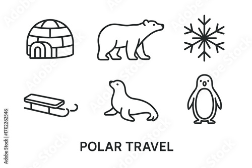 Polar travel icons: igloo, polar bear, snowflake, sled, seal, penguin