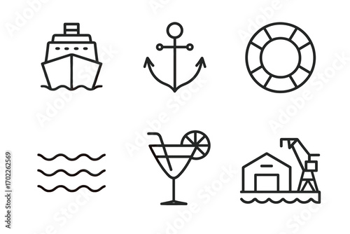 Set of nautical icons: ship, anchor, lifebuoy, waves, cocktail, dock