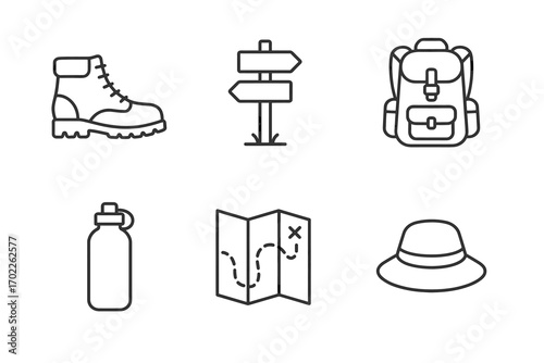Outdoor adventure essentials: boots, signpost, backpack, water bottle, map, hat icons