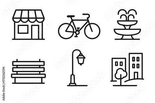 Urban line art icons: bicycle, fountain, buildings, lamp post, bench, shop