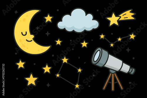 Night sky exploration with telescope and stars scene with moon and comet