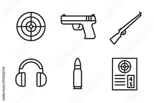 Shooting range equipment icons set featuring target, gun, rifle, headphones, bullet, and score sheet