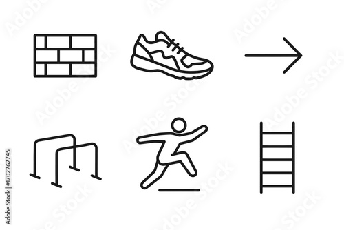 Outline icons: wall, shoe, arrow, hurdle, running, ladder