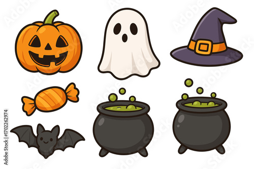 Halloween icons: pumpkin, ghost, witch hat, candy, bat, cauldron