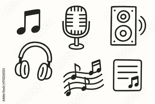 Hand-drawn music icons: notes, microphone, headphones, speaker, sheet
