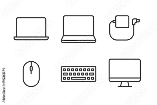 Minimalist icon set of computer devices including laptop, charger, mouse, keyboard, and monitor