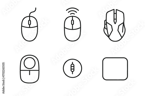 Collection of various computer mouse designs and styles in outline icons
