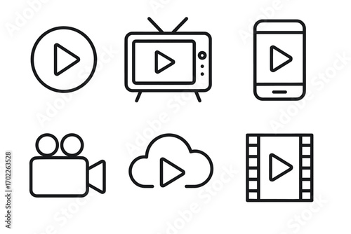 Media icons: play button set on tv, smartphone, and camera illustrations