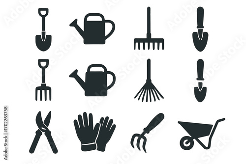 Garden tools icons set: shovel, watering can, rake, trowel, shears