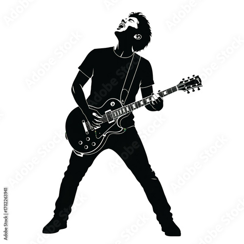 Silhouette of a rock musician playing an electric guitar isolated on transparent background