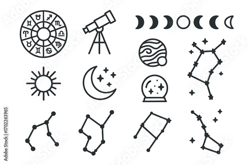 Zodiac signs and astronomy symbols: constellations, telescope, celestial icons collection