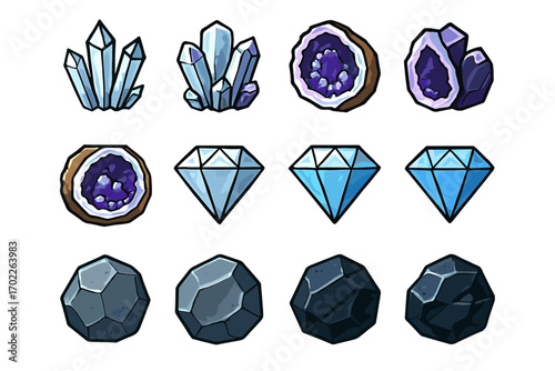 Various gemstones: crystals, geodes, diamonds, mineral rocks collection