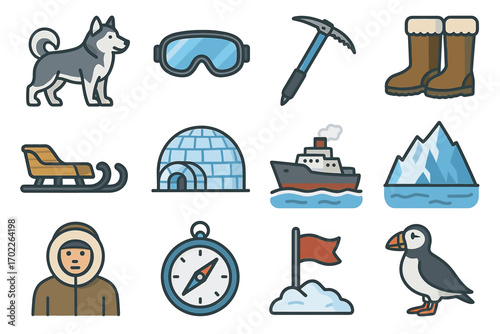 Arctic expedition icons: sled, igloo, iceberg, compass, husky, puffin, goggles, boots, tools