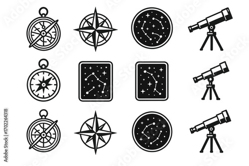 Nautical and astronomical instruments: compass, star map, and telescope icons
