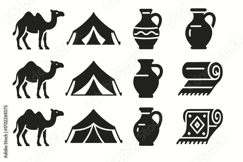 Silhouette icons of camels, tents, vases, and rugs