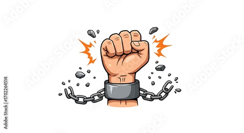 A powerful clenched fist breaking free from heavy metal chains, symbolizing liberation, strength, and overcoming oppression.
