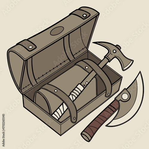Tan Wooden Chest with Two Axes and Hatchet