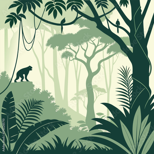 Dense tropical jungle scene with lush foliage exotic plants and atmospheric mist creating a mysterious and vibrant natural environment