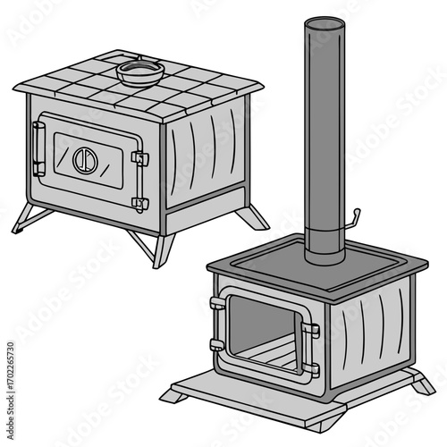 Two Grey Metal Wood Burning Stoves Illustration