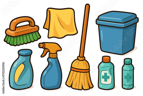 Cartoon cleaning supplies collection with mop, spray bottle, and brush