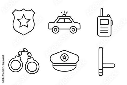 Outline icons of police equipment: badge, car, radio, handcuffs, cap, baton