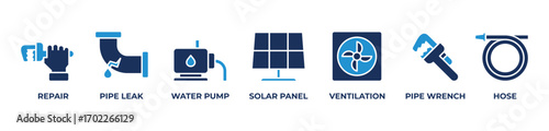 Comprehensive Repair Solutions Icons set vector illustration blue with  Repair, Pipe leak, Water pump, Solar panel, Ventilation, Pipe wrench, Hose