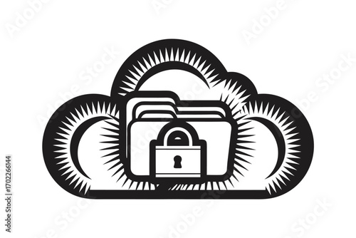 Secure Black Cloud Icon with Folder and Padlock Isolated on White Background