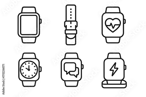 Minimalist smartwatch icons: heart rate, messaging, fitness, time