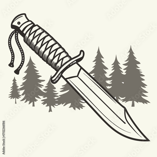 Vintage Illustration of a Hunting Knife in a Forest Setting