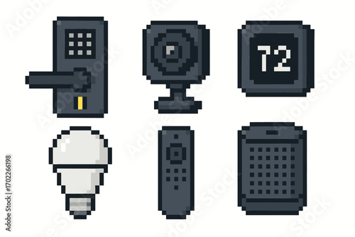 Retro pixel art smart home devices collection featuring camera, thermostat, lightbulb, remote, and speaker