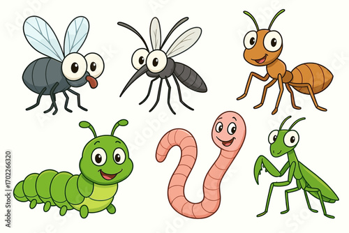 Colorful cartoon insects and bugs collection with smiling worm and pests