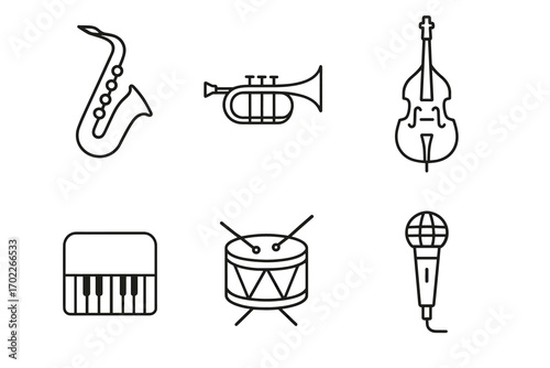 Black and white musical instrument icons: saxophone, trumpet, double bass, piano, drum, microphone