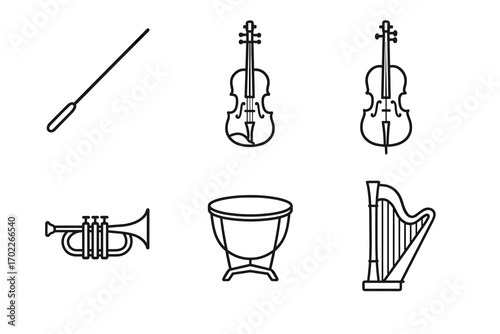 Musical instruments: violin, cello, trumpet, timpani, harp, and baton line art