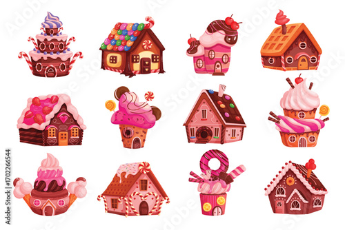 Candy houses set vector illustration. Cartoon isolated confectionery fantasy world collection with magic gingerbread and cupcake homes, fairy tale cake buildings with windows, doors and roofs