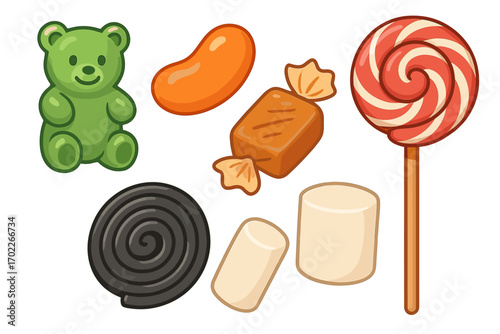 Assorted candies featuring bear-shaped gummy marshmallows and lollipop