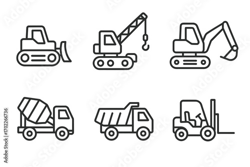 Outline icons of construction vehicles: bulldozer, crane, excavator, mixer, dump truck, forklift