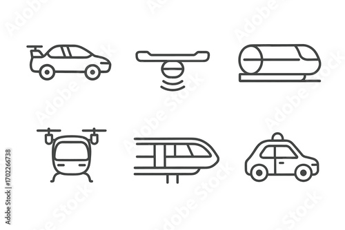 Futuristic transportation icons: car, hoverboard, capsule, drone, train, taxi